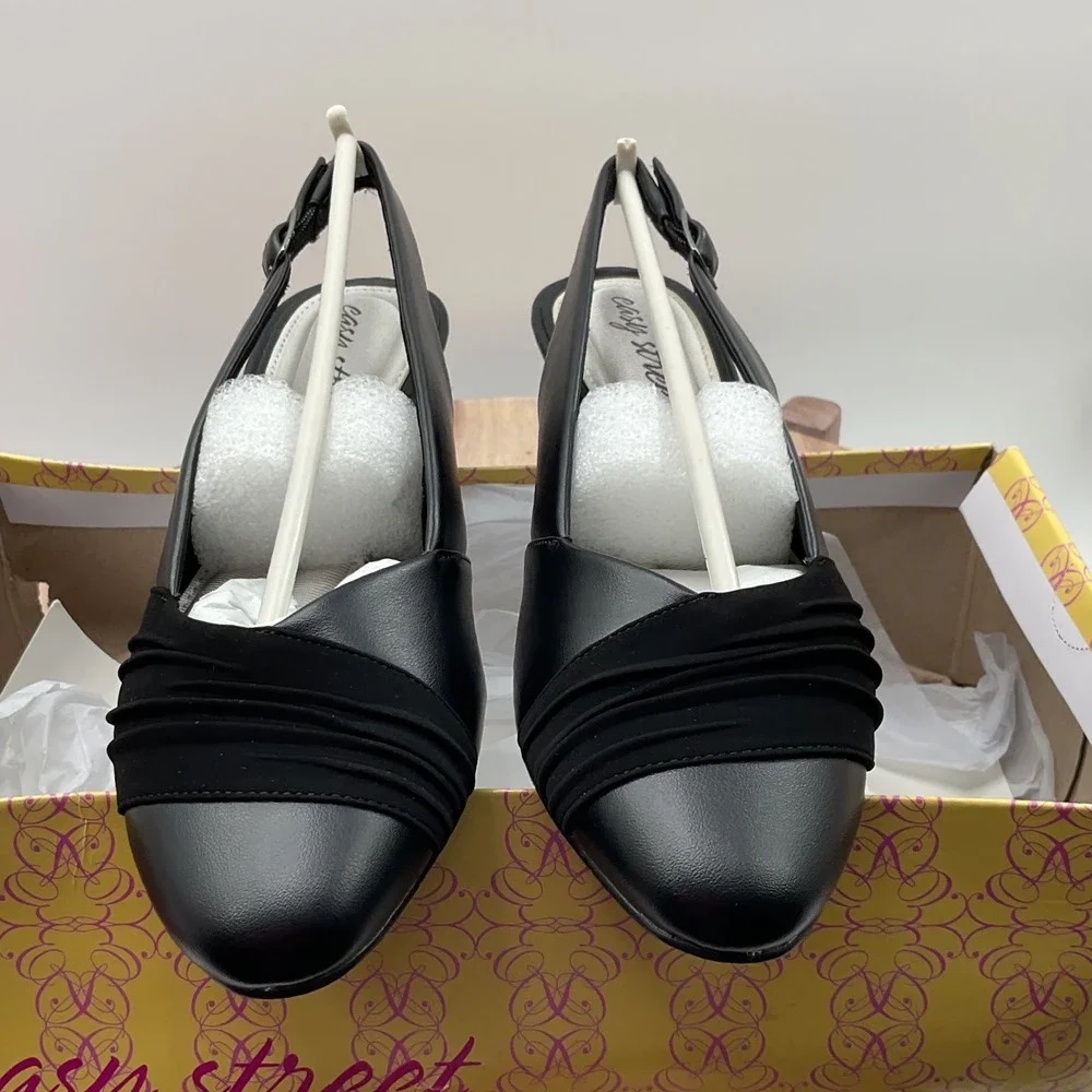 Easy Street Womens Black Ruched Slingback Block Heel Pumps 31-7761 Size 6M